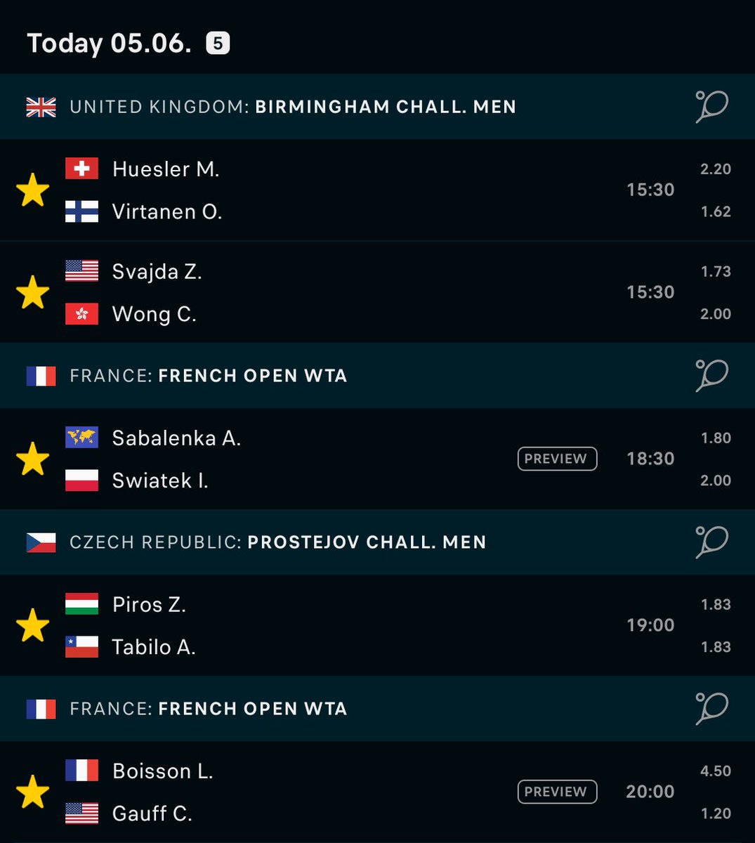 amanstarted's tweet image. Tennis Bets for 5th June 2025 

CHALLENGER Brimingham 🇬🇧
(2U) Virtanen O. to Win @ 1.62 odds 
(2U) Svajda Z. to Win @ 1.73 odds 
(2U) Tabilo A. to Win @ 1.83 odds 

WTA French Open 🇫🇷 
(2U) Sabalenka A. to Win @ 1.80 odds 
(2U) Boisson L. to Win a Set @ 2.33 odds