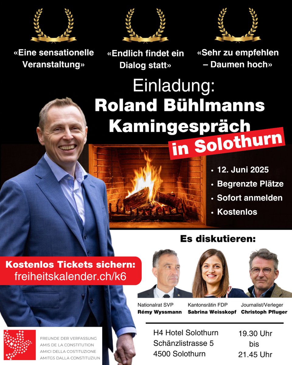 🔥Kamingespräch in Solothurn – Jetzt Platz sichern!
🗓 Donnerstag, 12. Juni 2025
📍 H4 Hotel Solothurn | Einlass ab 19:30 Uhr
🎟 Eintritt kostenlos

🗣️ Unterschiedliche Meinungen. Gemeinsames Nachdenken.

Diskussion mit:
👤 Rémy Wyssmann (SVP Nationalrat)
👤 Sabrina Weisskopf