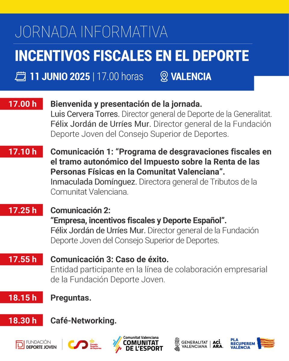 📣 El próximo 11 de junio a las 17:00 h, la Conselleria de Educación de Valencia acogerá una jornada informativa sobre incentivos fiscales en el deporte, organizada por la Generalitat Valenciana y Fundación Deporte Joven.
Una cita dirigida a entidades, profesionales y empresas