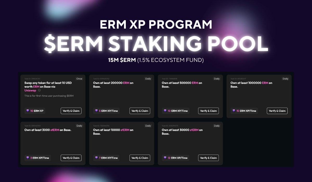 erm_labs's tweet photo. 🚨 Just 24 HOURS after $ERM went live… we’re turning up the heat! 🔥

Introducing the ERM XP Staking Pool — your gateway to a share of 15 MILLION $ERM through daily XP rewards! 🎯

Whether you're staking on @virtuals_io or directly with $ERM — we've got you covered:

💎 Up to 154 XP/week for Virtuals stakers
💎 Up to 210 XP/week for direct $ERM stakers

👉https://t.co/uRDlSJBQuy
Under 💎 $ERM HODL section

🎁 Claim daily, No lock-up

And yes, we're cooking up some epic redeemables beyond just $ERM 👀

Stake. Earn. Level up.
Let the XP grind begin. 🧩💥

#ermlabs #XPSeason #StakingRewards #Virtuals #TokenUtility #Web3Rewards #virgen