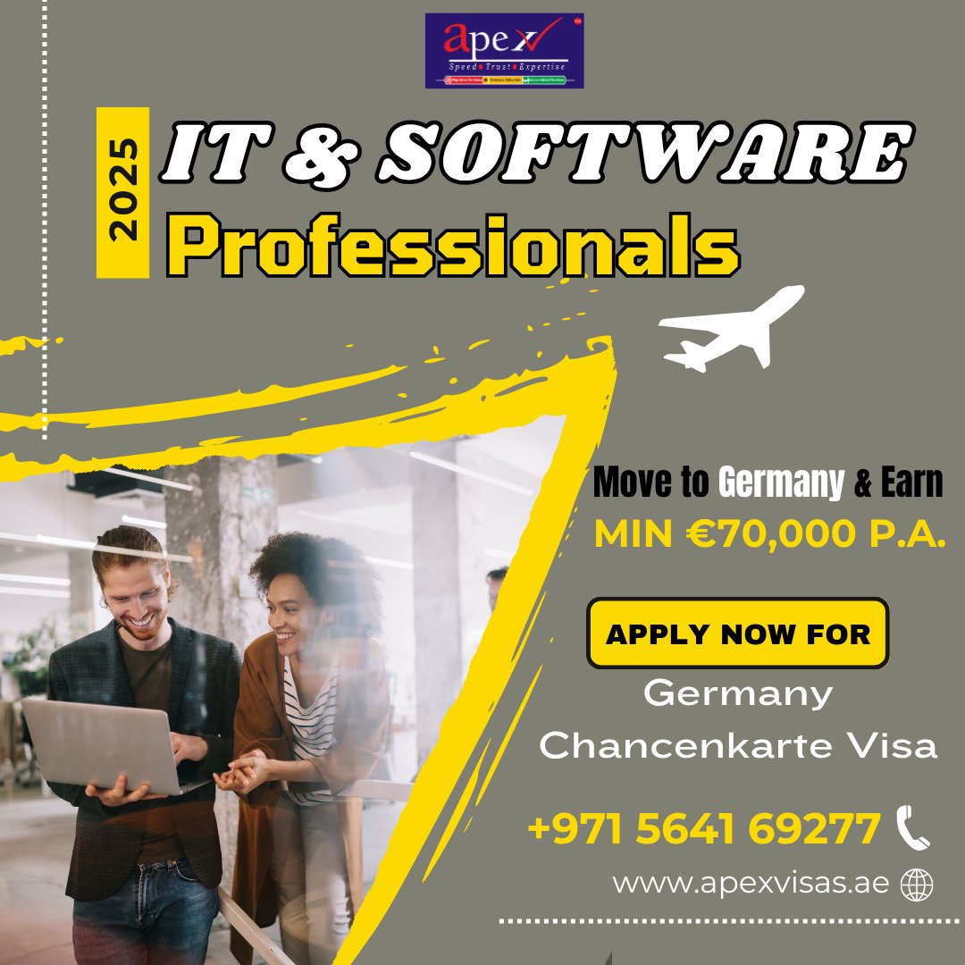 ApexMiddle's tweet photo. 💻 IT/Software pros — Germany wants you! 🇩🇪
Earn €70K+ per year with Chancenkarte Visa in 2025.
Apply now with #ApexConsultants
📞 +971 5641 69277
🌐 https://t.co/2bu46CWoRK
#GermanyJobs #ITCareers #VisaToEurope #WorkAbroad #Chancenkarte https://t.co/9Pi6OZiq8F