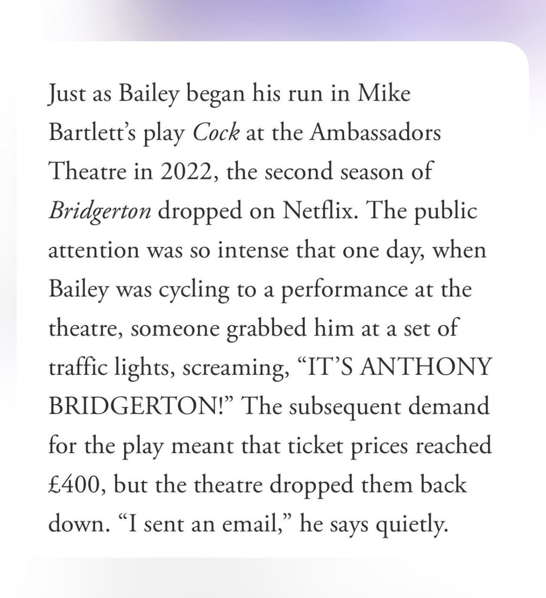 Jonny Bailey on the infamous £400 tickets for Cock: “I sent an email.”