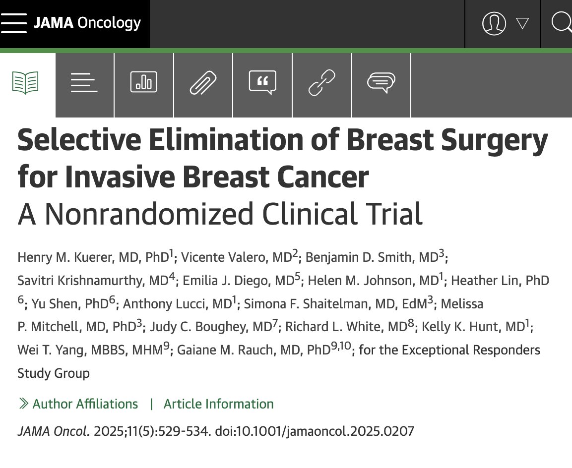 No surgery. No recurrence.
In this phase 2 trial (n=50), selected patients with HER2+ or TNBC who had pCR after neoadjuvant therapy skipped breast surgery.
With 5 years of follow-up:
🟡0% ipsilateral recurrence
🟡100% DFS &amp; OS
A bold signal toward surgical de-escalation.
 Looking