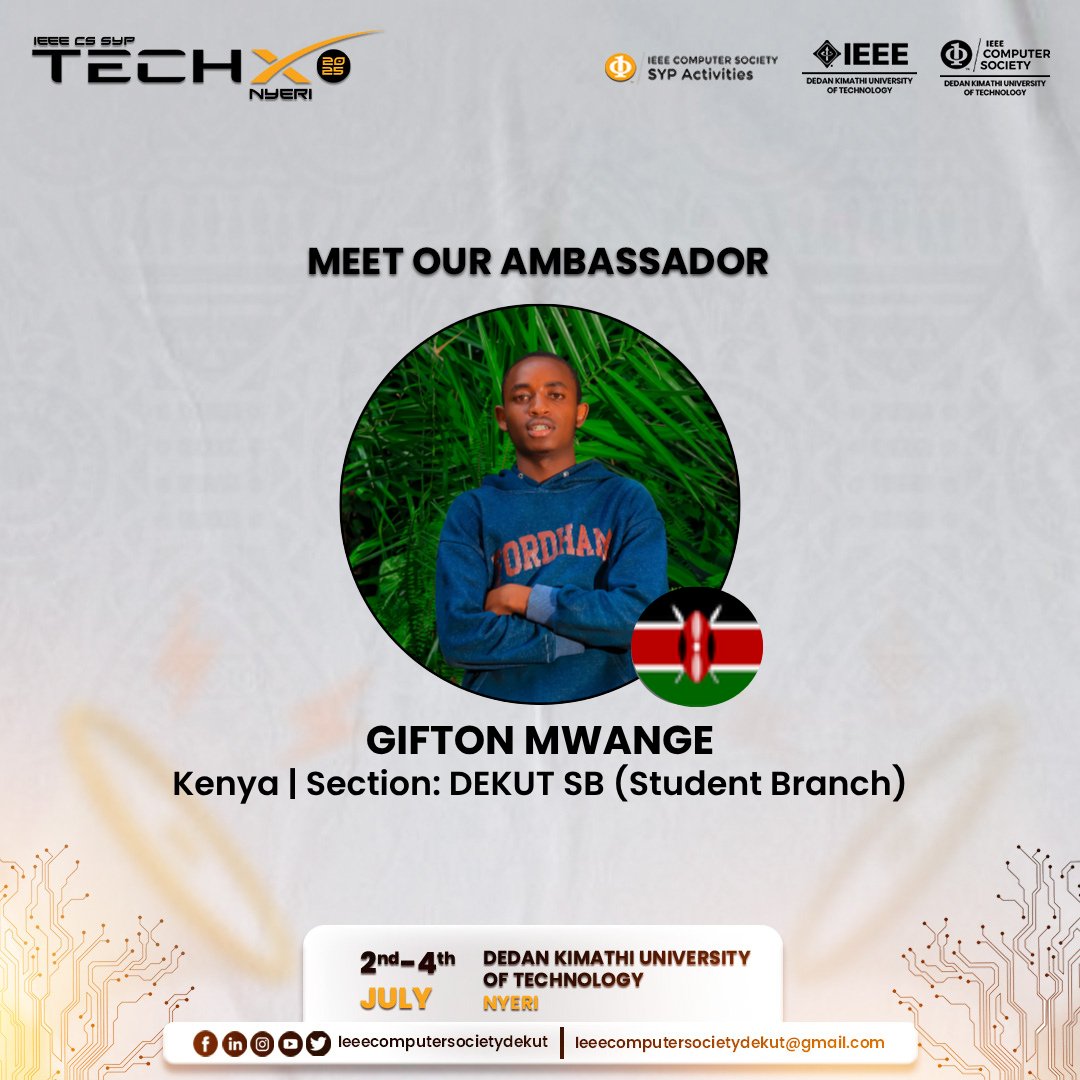 GiftonMwan's tweet image. 🔥 Proud to be an Ambassador for #TechXNyeri 2025 representing 🇰🇪 DEKUT SB!

📍 2nd–4th July
📌 Dedan Kimathi University of Tech
Let’s innovate &amp;amp; connect!

🔗 bit.ly/3RJJfcN
#cstechx #cssyp #ieeecs #mumojohn

@ieee_cs @ieee_syp @IEEEPES @IEEEorg
