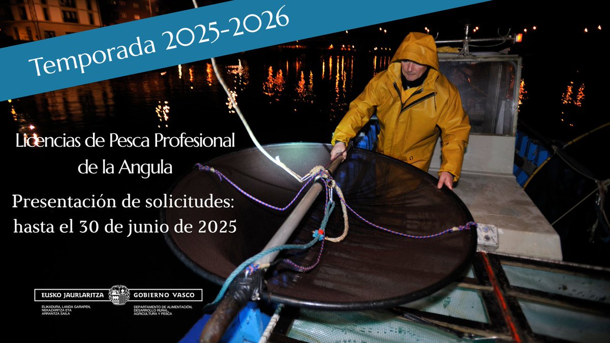 La Licencia de Pesca Profesional de la #Angula para la temporada 2025-2026 puede solicitarse hasta el 30 de junio de 2025.

📞 Bilbao: 944 03 14 65 / 944 03 14 60
📞 Donostia: 943 02 25 75
📞 Vitoria-Gasteiz: 945 01 82 28

ℹ️ Más información :
euskadi.eus/autorizacion/p…