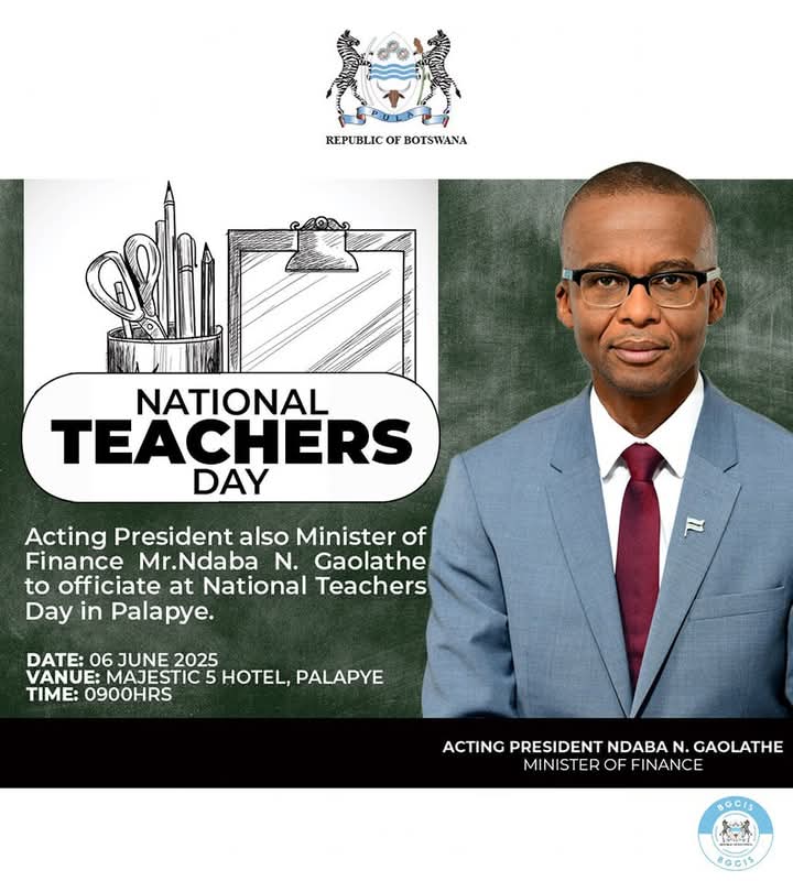 Tomorrow morning, Acting President will officiate at National Teachers Day in Palapye then address kgotla meeting in the afternoon 

#BWPresidency
