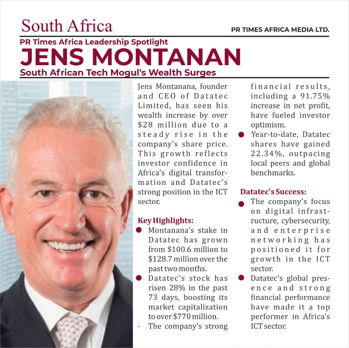 prtimesafrica's tweet photo. PR TIMES AFRICA LEADERSHIP SPOTLIGHT:
South African Tech Mogul's Wealth Surges
Jens Montanana's wealth jumps $28 million as Datatec's share price rises 28% in 73 days, boosting market cap to $770 million+ after 91.75% net profit increase.
#Africanews
#Datatec
#Southafrica https://t.co/SpFMxSx6DO