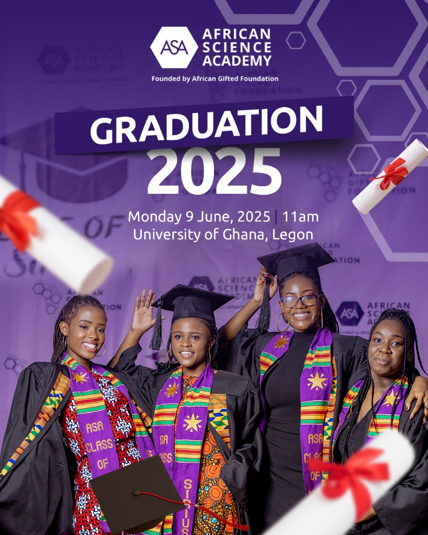 asaaseradio995's tweet photo. ✨ Celebrating brilliance and achievement! Join us as the African Science Academy Class of 2025 graduates on Monday, 9 June 2025 at 11 AM at the University of Ghana, Legon. A future shaped by science, passion, and purpose begins here!
#ASAGraduation2025 #STEMQueens #AfricanExcellence
