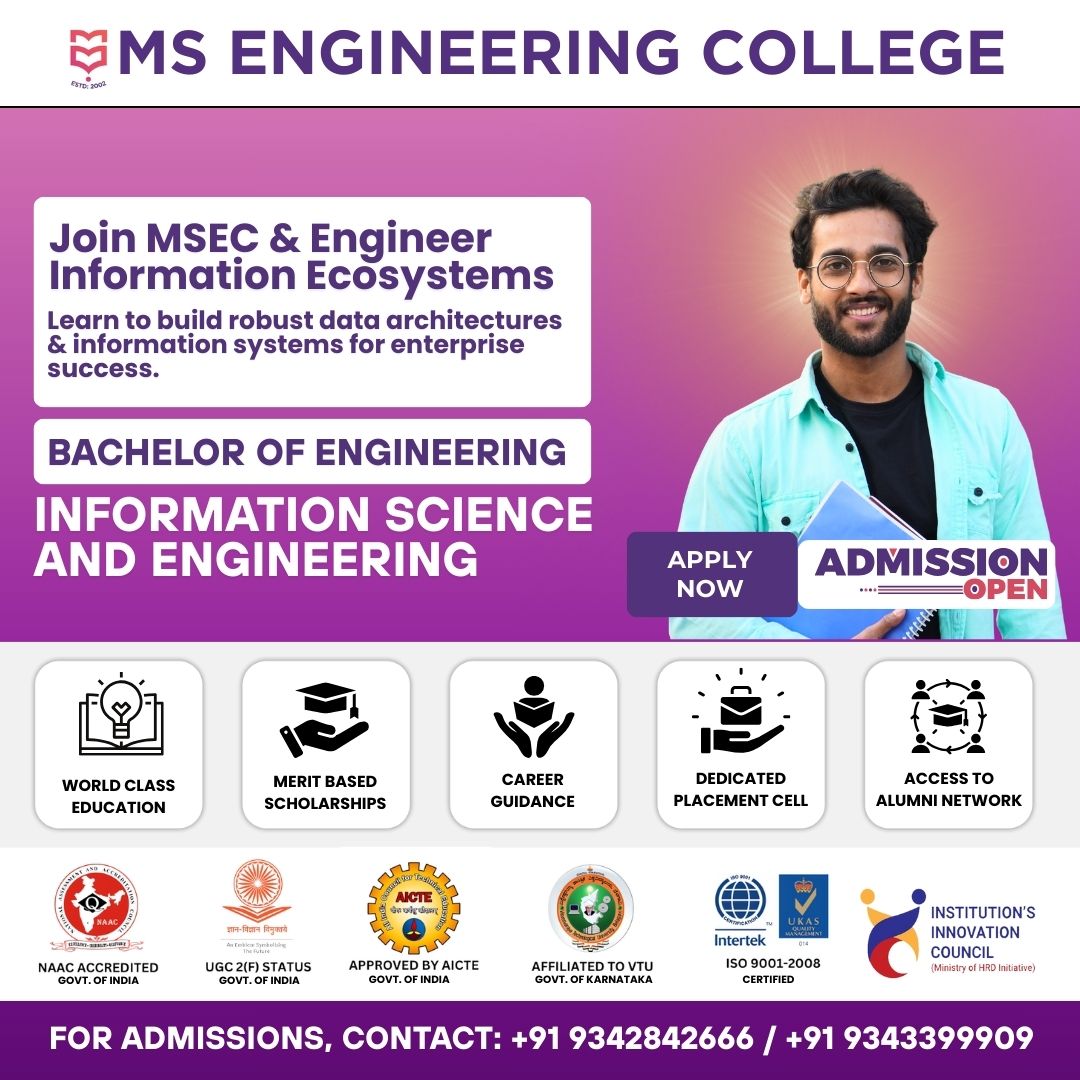 MSEC_BLR's tweet image. #AdmissionsOpen! Join #MSEC and be part of a transformative learning journey that empowers you to power innovation. Choose from top in-demand streams in such as  #BachelorofEngineering (#BE)

Begin your journey toward academic excellence!

#Bangalore #Karnataka #India