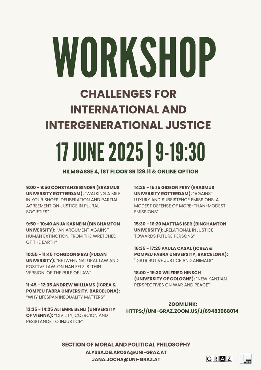 GrazPractical's tweet photo. Public workshop and discussion: Challenges for International and Intergenerational Justice

Where? Hilmgasse 4/1, SR 129.11 as well as online via Zoom: https://t.co/M1FxuFPXnQ
When? June 17, 9:00-19:30 https://t.co/Xe2TwesziJ
