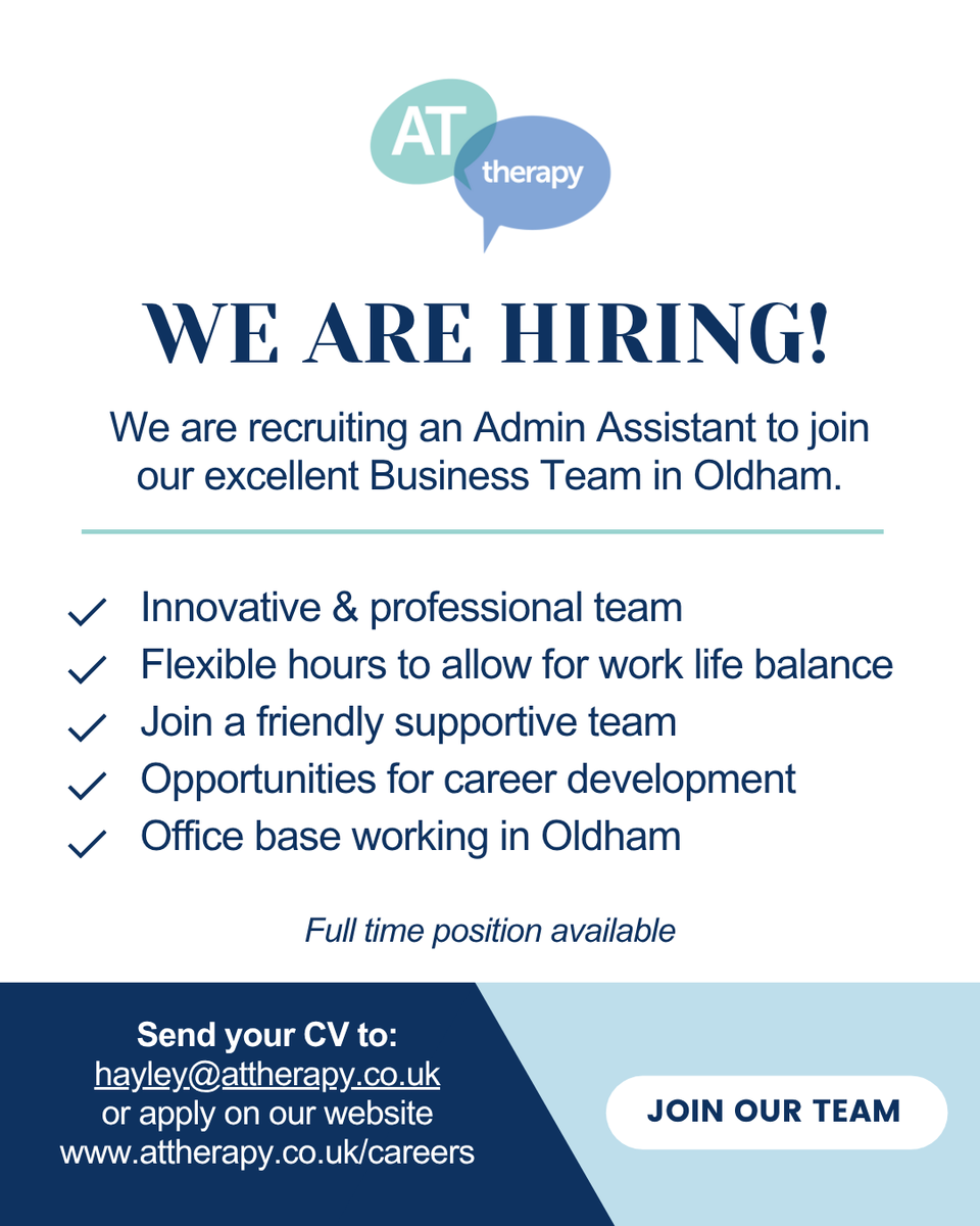 ATtherapy (@attherapy2012) on Twitter photo We're hiring!🤩
Looking for a new adventure? We are currently recruiting an Admin Assistant to join our business team in Oldham!
You can apply on our website or send your CV to hayley@attherapy.co.uk. We look forward to hearing from you.
#JoinOurTeam #recruitmentjobs We're hiring!🤩
Looking for a new adventure? We are currently recruiting an Admin Assistant to join our business team in Oldham!
You can apply on our website or send your CV to hayley@attherapy.co.uk. We look forward to hearing from you.
#JoinOurTeam #recruitmentjobs