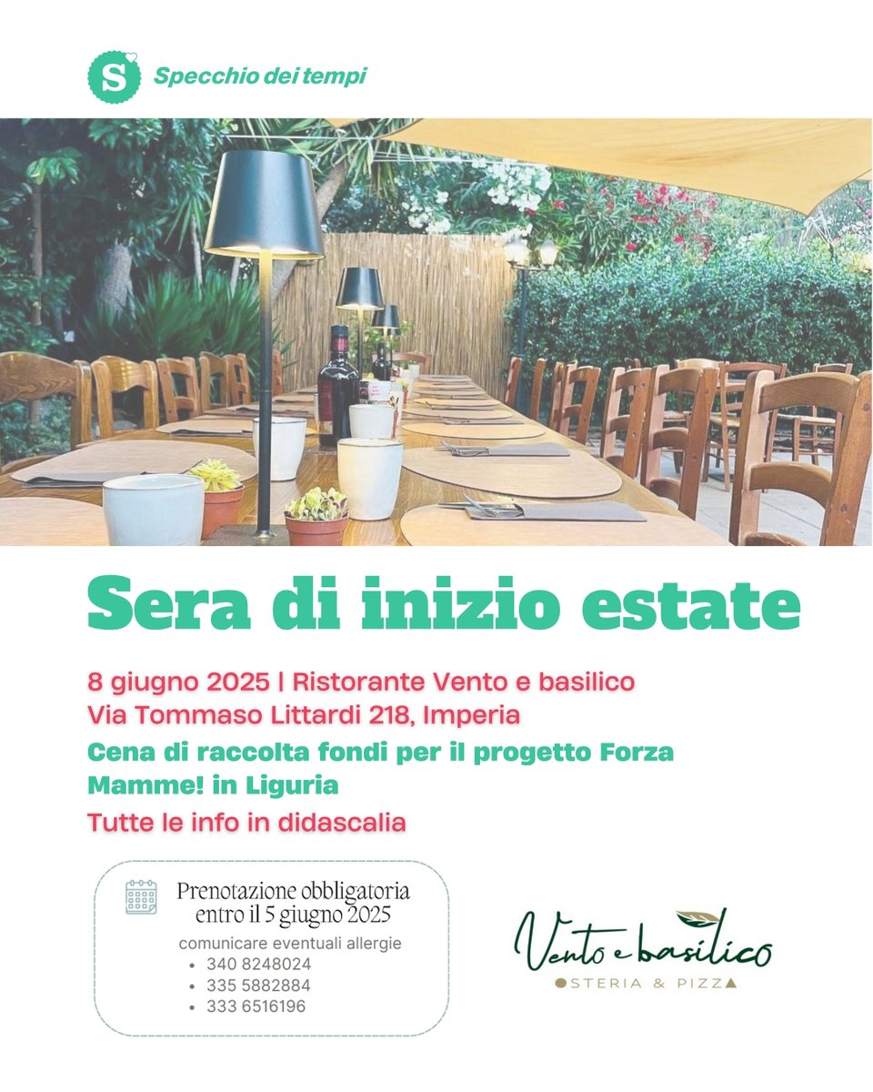🌿 Una cena per iniziare l’estate… con un gesto di cuore.
Sabato 8 giugno ti aspettiamo al ristorante Vento e basilico di Imperia per una serata solidale a sostegno di Forza Mamme!
Info -&gt; specchiodeitempi.org/evento/cena-so…
