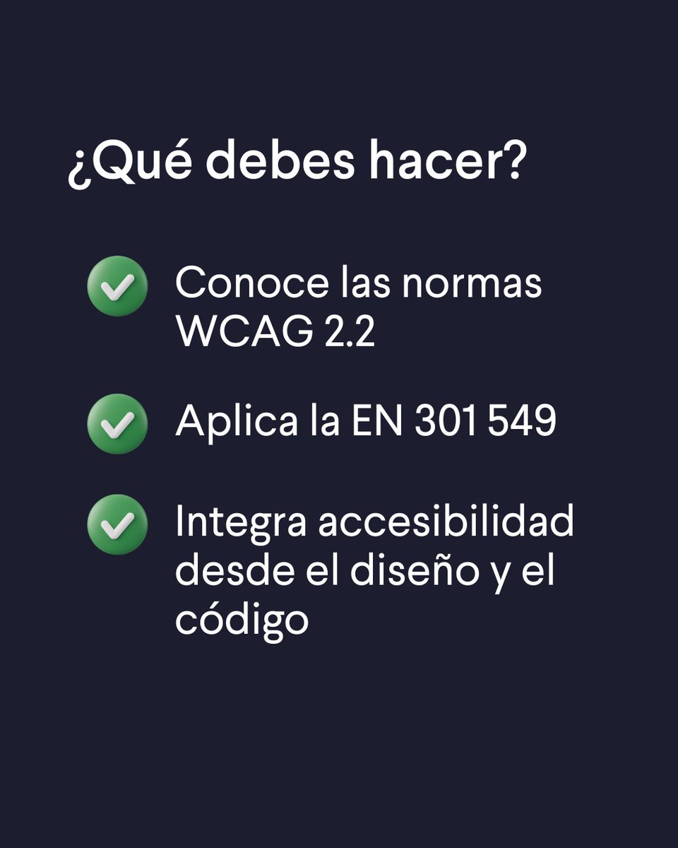 KeepCoding_'s tweet image. ¿Tu web/app es accesible? 👀
Desde el 28/06/25 será obligatorio por la ley europea (CEA).
Y aquí te preparamos con un curso práctico para aplicar WCAG 2.2 y cumplir con la EN 301 549.
📍 bit.ly/3FIE22m
#AccesibilidadDigital #CEA