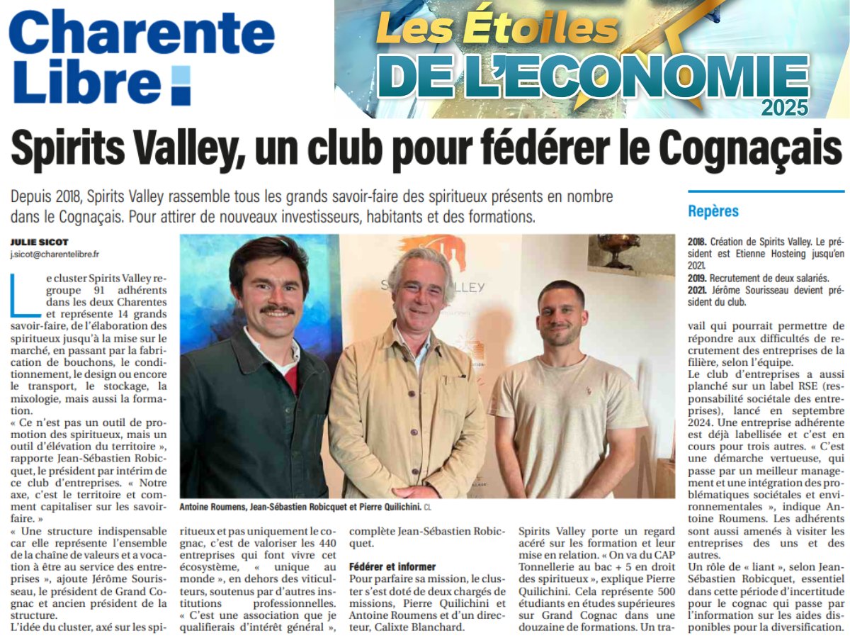 ✨ Spirits Valley à l'honneur aux Étoiles de l'Économie ✨
Ce soir se tient la cérémonie des Étoiles de l’Économie, organisée par Charente Libre, et Spirits Valley a l’honneur d’être nommé dans la catégorie Réseaux professionnels 💼
#Ecosystème #Spiritueux #SpiritsValley