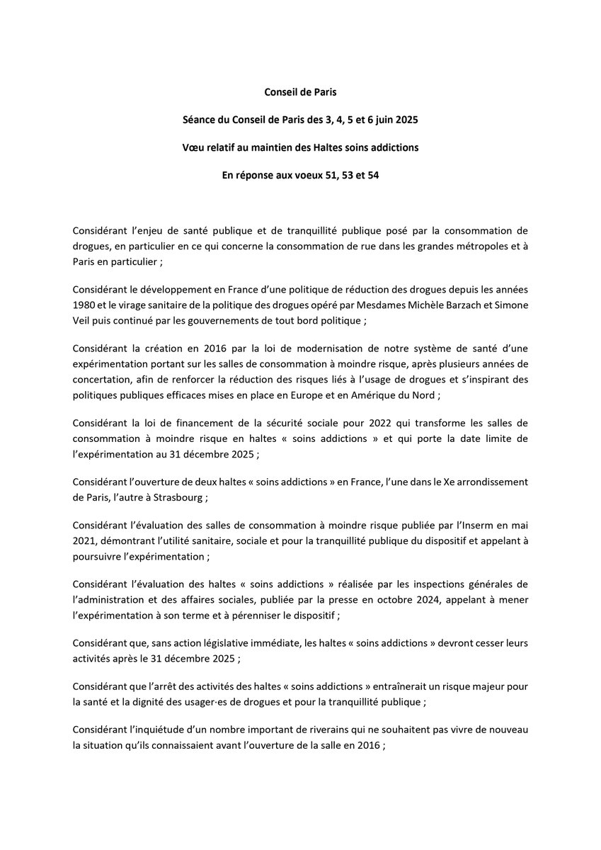 annesouyris's tweet image. Le Conseil de Paris interpelle le gouvernement afin qu’ils prennent les mesures nécessaires à la pérennisation des Haltes Soins Addictions, avant la fin de l'année - et la fin de l’expérimentation. 👏 @aliceTIMSIT 

Tous les rapports - Cour des Comptes, INSERM, inspections…