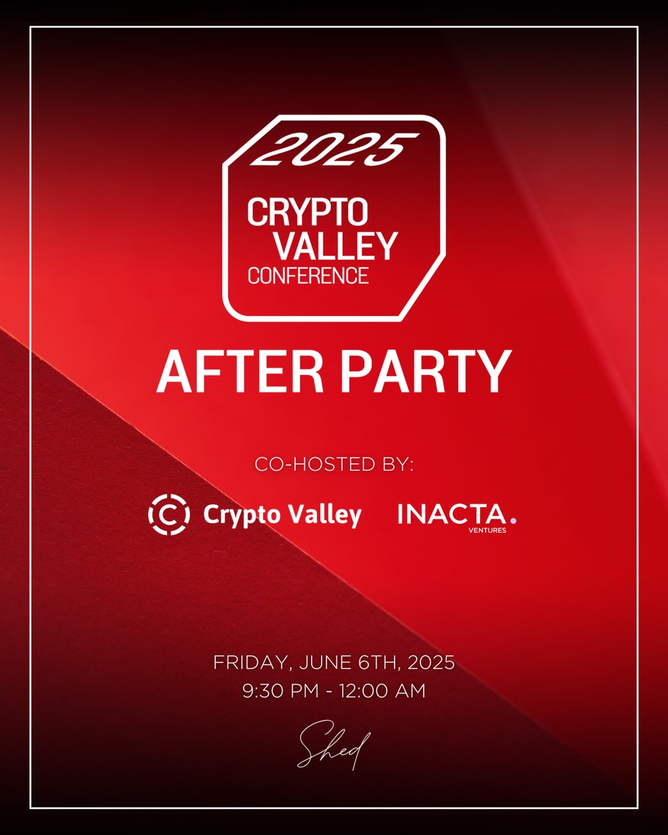 Join us tomorrow for the Crypto Valley Conference After-Party!

Unwind with blockchain leaders, innovators &amp; investors to celebrate an epic week.

🗓 June 6
🕤 9:30 PM - 1200 AM
📍 SHED Zug
🔗 lu.ma/CVCAfter

Let’s toast to progress, partnerships &amp; what’s next.