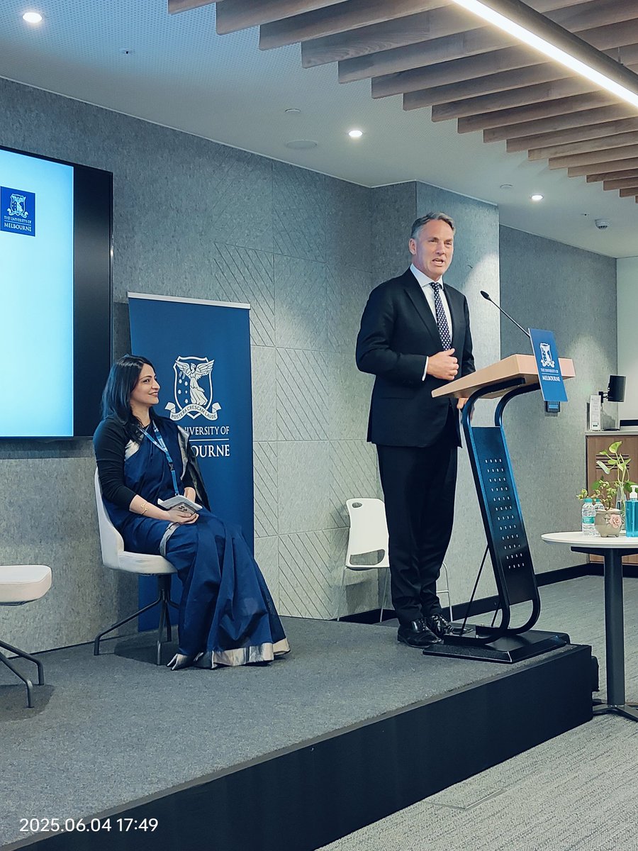 TF_DSWBA23's tweet image. Such a pleasure to be part of the 5-year celebration of 🇦🇺🇮🇳 education ties at @UniMelb Global Centre with Australia’s Deputy PM @RichardMarlesMP! Grateful to hear him speak on the value of strong education partnerships. #KnowledgePartnership #AustraliaIndia #EducationDiplomacy