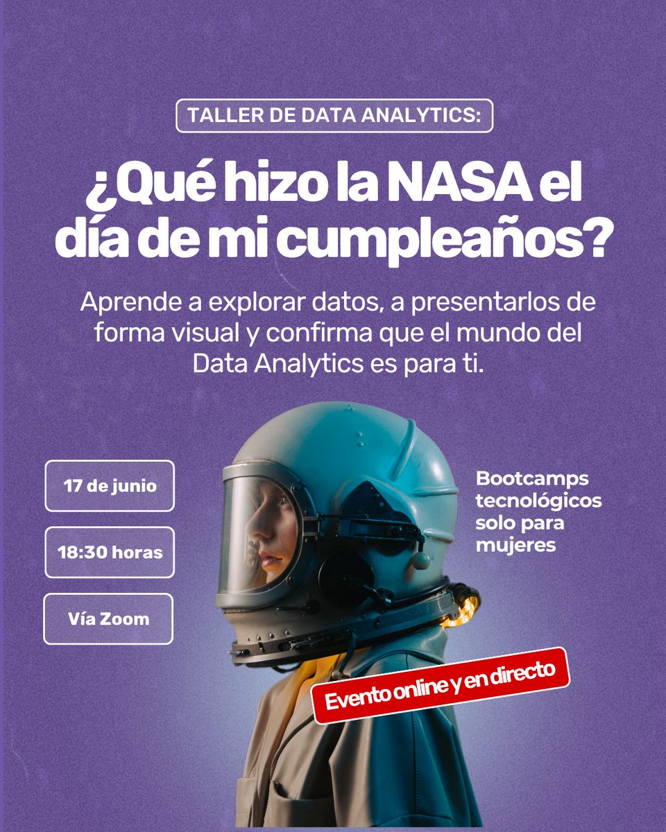 ¿Y si el primer paso hacia tu futuro tech fuera una foto del espacio? 🌌

En nuestro próximo taller aprenderás a acceder a datos reales de la NASA y a descubrir qué imagen del universo capturaron en tu último cumpleaños.

🔗 Apúntate ya aquí: adalab.es/taller-nasa-da…