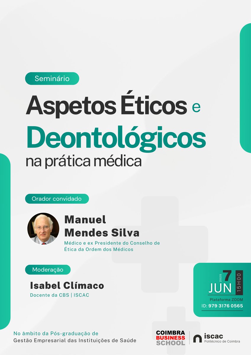 Seminário | Aspetos Éticos e Deontológicos na prática médica

Orador convidado:
▪ Manuel Mendes Silva - Médico e Ex-Presidente do Conselho de Ética da Ordem dos Médicos

Moderação:
▪ Isabel Clímaco 

📅 7 junho | 15h
➡️ Plataforma ZOOM | ID: 979 3176 0565