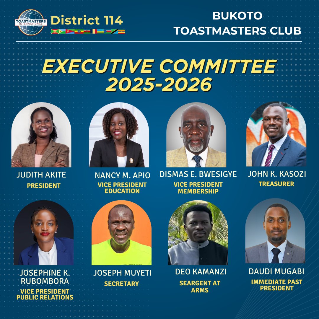 🎉 Exciting times ahead! Meet the vibrant new leadership of Bukoto Toastmasters Club for 2025-2026! Ready to inspire, empower, and elevate voices all year long. Here’s to growth, confidence &amp; fun! 🗣️🌟 #Toastmasters #Leadership #BukotoSpeaks