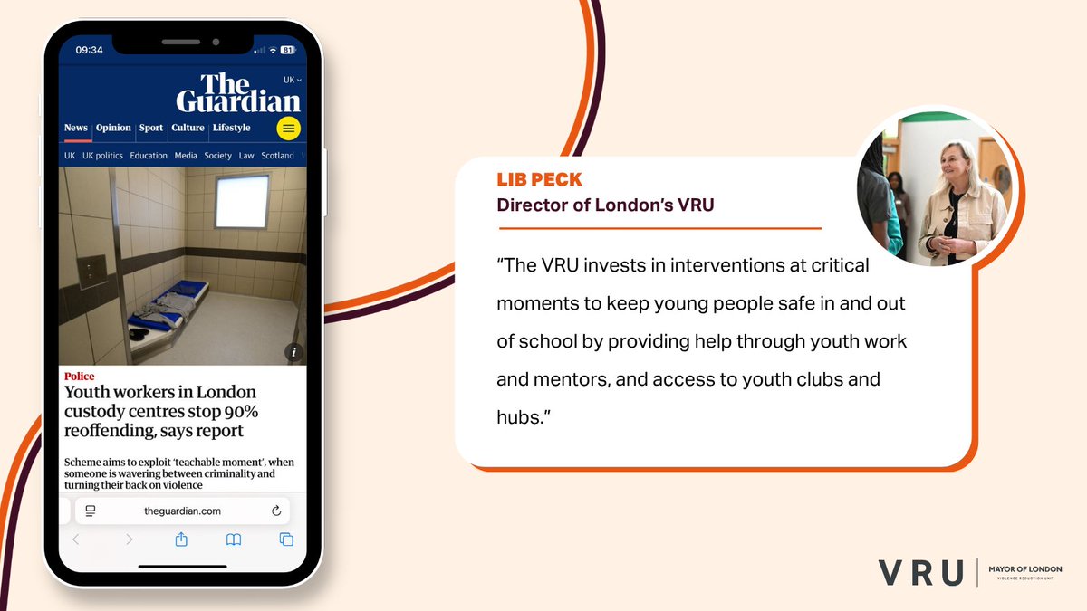 London's Violence Reduction Unit (@ldn_vru) on Twitter photo Youth workers in police custody and hospitals are diverting young people away from violence and towards a brighter future.
Funding from <a href="/SadiqKhan/">Sadiq Khan</a> shows that prevention and early intervention works to keep young people safe.
More on <a href="/guardian/">The Guardian</a>: bit.ly/3HpDr6c Youth workers in police custody and hospitals are diverting young people away from violence and towards a brighter future.
Funding from <a href="/SadiqKhan/">Sadiq Khan</a> shows that prevention and early intervention works to keep young people safe.
More on <a href="/guardian/">The Guardian</a>: bit.ly/3HpDr6c