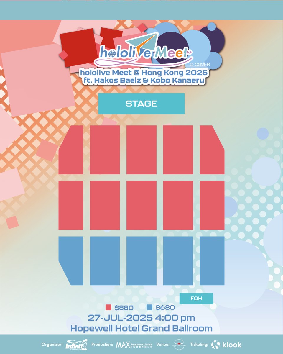 infinite_one_i1's tweet image. 🎫 hololive Meet @ Hong Kong 2025 ft. Hakos Baelz and Kobo Kanaeru
Klook page is LIVE!
📅 July 27, 4PM Hopewell Hotel Grand Ballroom
💰 HK$880/680
🎁 HK$880 can apply for Meet&Greet
⏰ June 6, 10AM sale
⚠️ Max 4 tickets, full names required
🔗 s.klook.com/hololivemeet