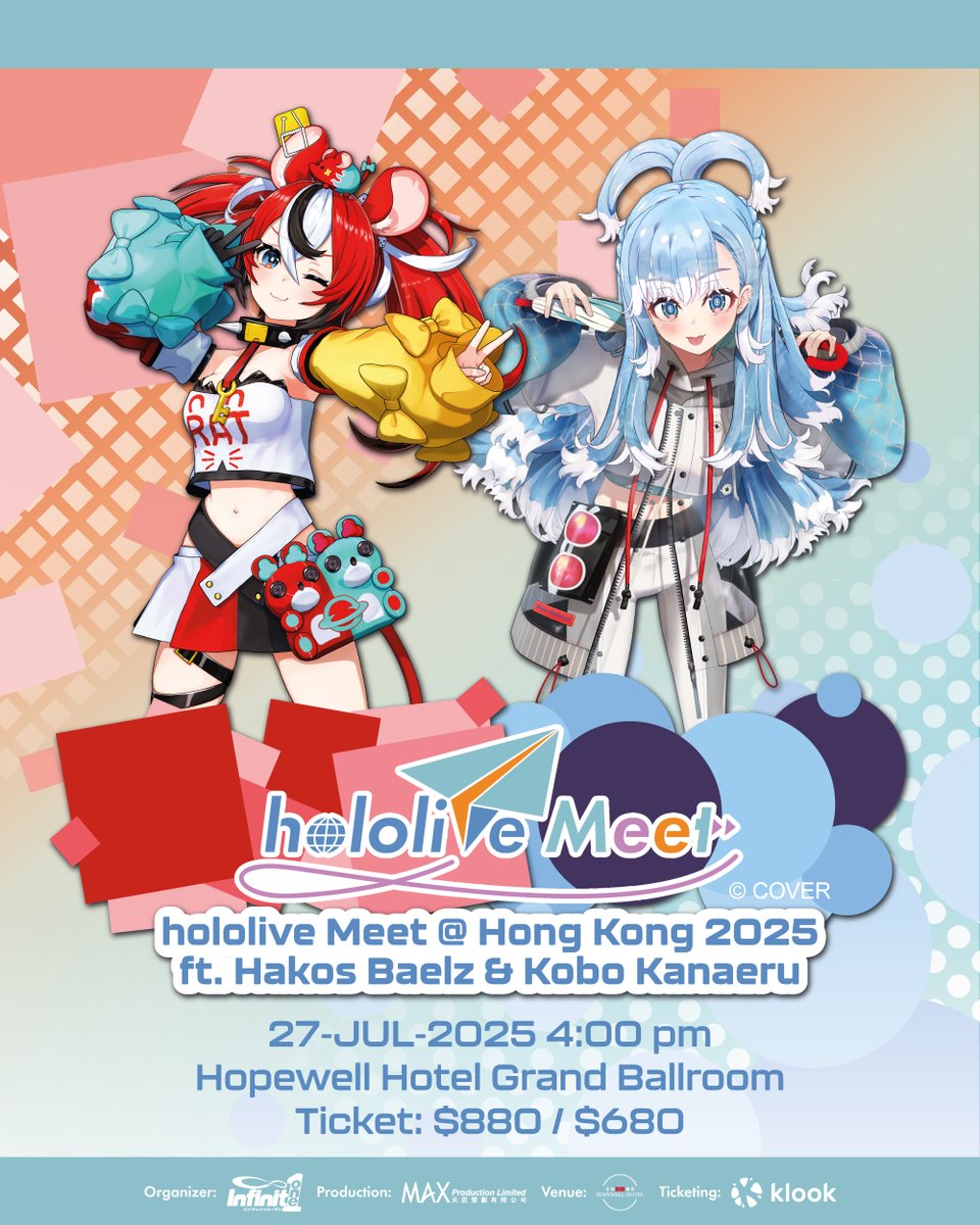 infinite_one_i1's tweet image. 🎫 hololive Meet @ Hong Kong 2025 ft. Hakos Baelz and Kobo Kanaeru
Klook page is LIVE!
📅 July 27, 4PM Hopewell Hotel Grand Ballroom
💰 HK$880/680
🎁 HK$880 can apply for Meet&Greet
⏰ June 6, 10AM sale
⚠️ Max 4 tickets, full names required
🔗 s.klook.com/hololivemeet
