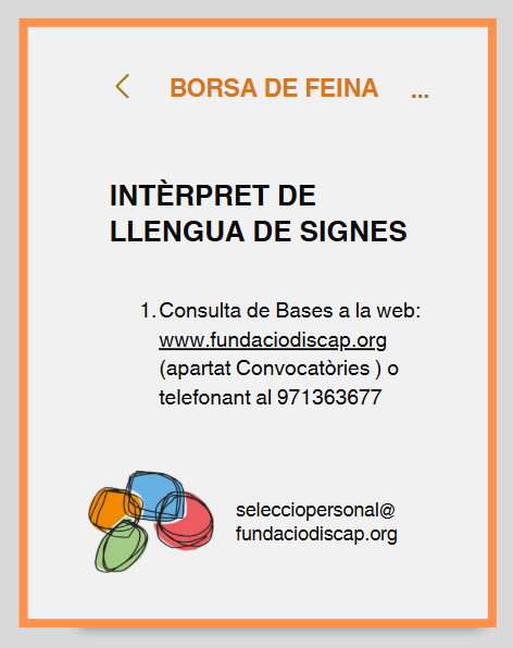 📢 Convocatòria Borsa de Feina 📢 intèrprets de llengua de signes.
🔍 Consulta les bases a la nostra web 👉fundaciodiscap.org, apartat Ofertes de feina.