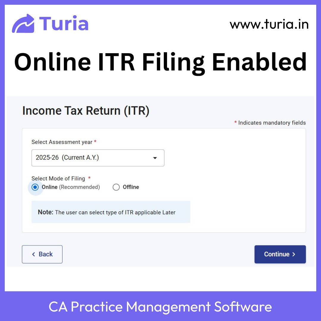 turia_practice's tweet photo. Kind attention taxpayers!
Income Tax Return Forms of ITR-1 and ITR-4 are now enabled to file through Online mode with prefilled data for Assessment Year 2025-26 for taxpayers.
#turia #capractise #capracticemanagementsoftware #CAsolutions #casoftware https://t.co/ZlppJp9vma