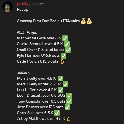 prodigaylocks's tweet photo. Recap from Discord.

+7.74 units https://t.co/5030BZZFVi