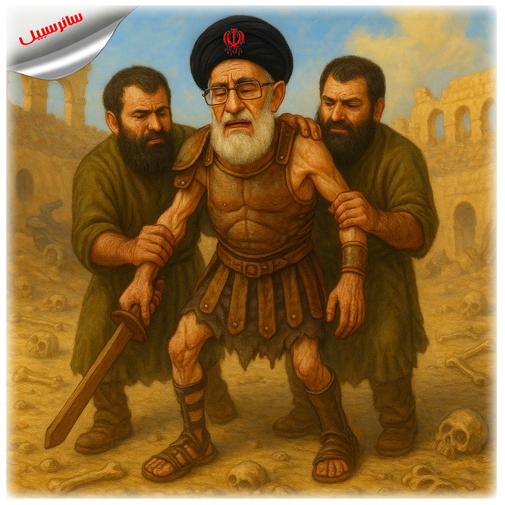 خامنئي يشبه مصارعاً عجوزاً منهزماً وصل إلى نهاية طريقه!..
 خامنه‌ای مانند گلادیاتور پیر و فرتوت و شکست‌خورده‌ایست که به پایان کارش رسیده!..
Khamenei is like an old, defeated gladiator who has reached the end of his road!۰
#انتفاضة_حتى_إسقاط_النظام
#خامنئي_عدو_مشترك #سائرسبیل
