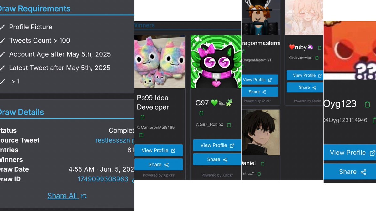 restlessszn's tweet photo. Your winners of this giveaway are!!

@CameronMat8169 
@G97_Roblox 
@DragonMaster1YT 
@tnt_xx7 
@Oyg123114946 

Who I am messaging in order, 5 minute time to respond or I’ll go onto the next, if you don’t respond within the 5 minutes don’t worry, you will have a total of 48 hours to claim, this is just to decide who goes first!!:

1. Dragon
2. Cam
3. G97
4. Oyg
5. TNT

@rubyontwitte your entry got voided cause you didn’t show proof, if you are able to provide proof you of you subbing before this tweet I will honor it! 

Congrats once again everyone! Proof will be posted under this thread!