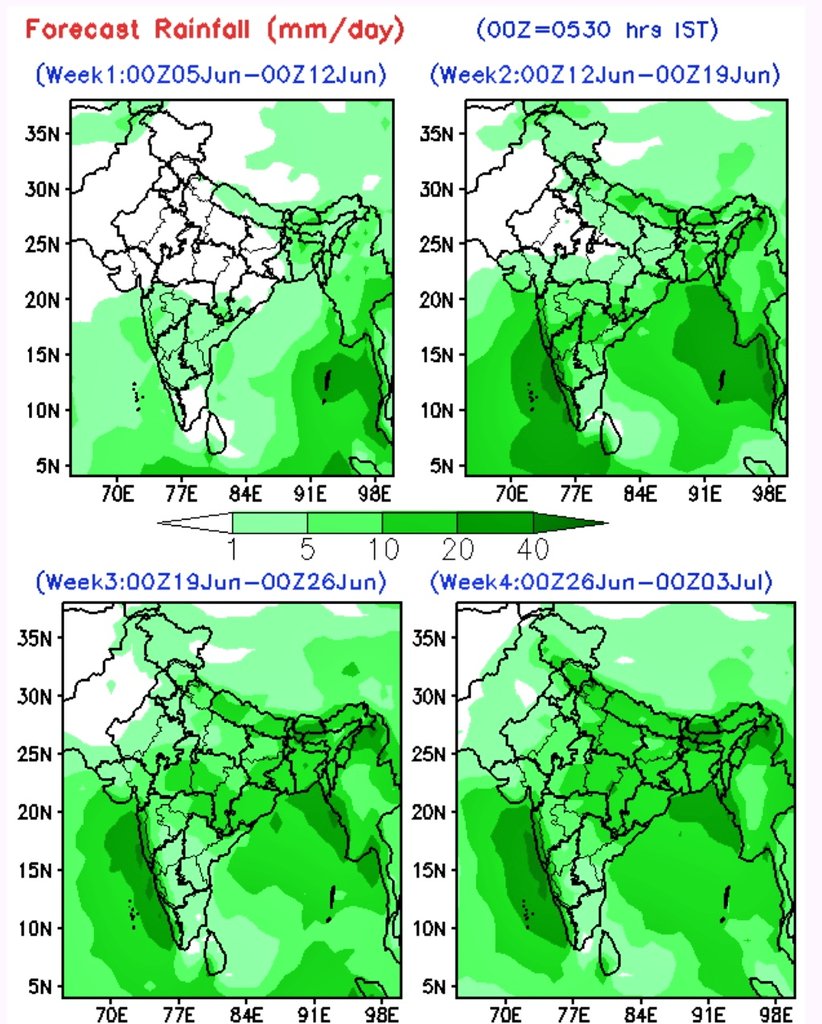 5 Jun, Extended range forecast for rainfall next 4 weeks
Wk 1:likely below normal in most of India. No rainfall activity in NW India,Central India, Gujarat &amp; Jharkhand.
Wk 2:likely below normal in NW India,E India,NE India. Above normal activity likely ovr Mah,KA, AP &amp; Kerala
1/2