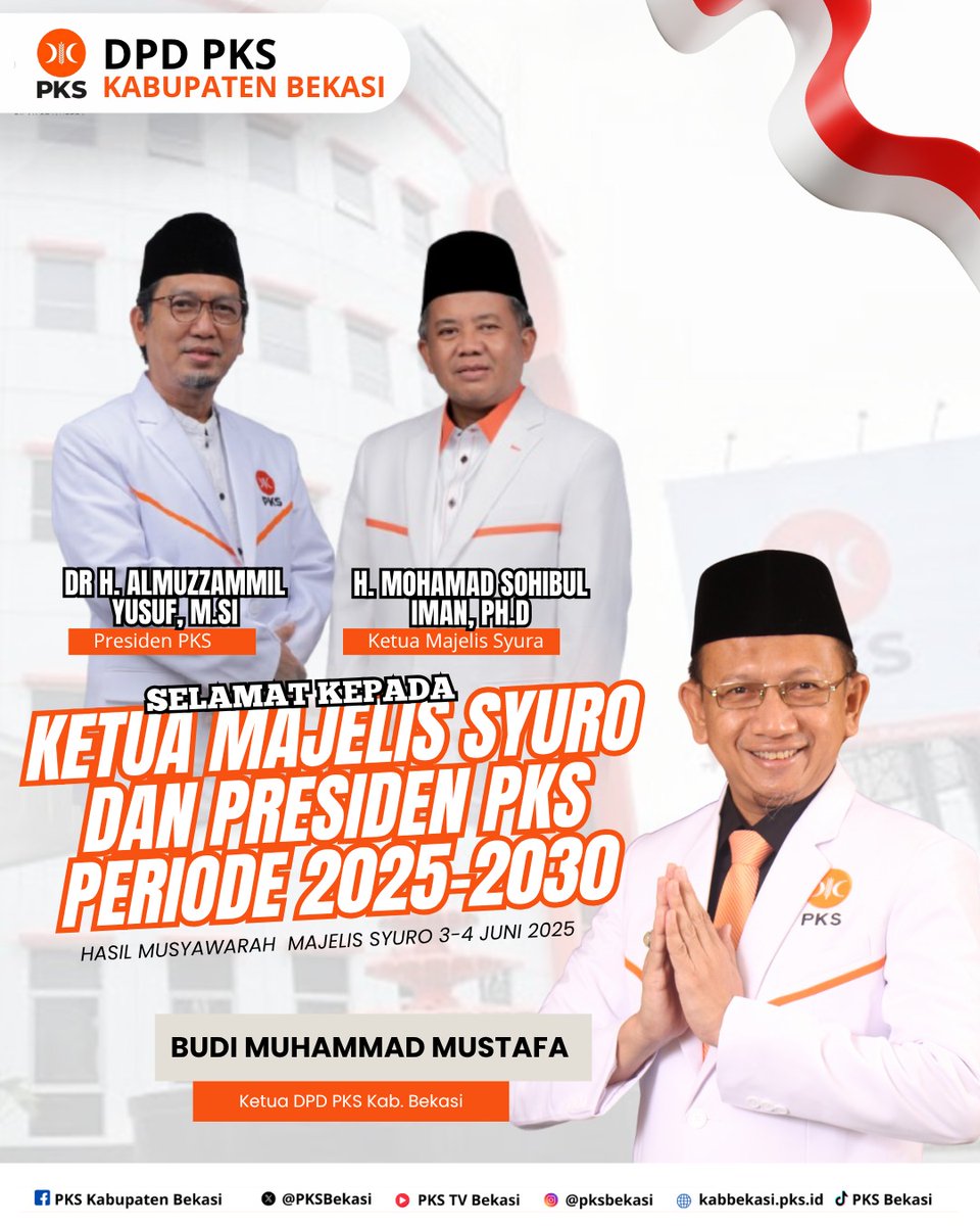 Selamat atas terpilihnya H. Mohamad Sohibul Iman, Ph.D. sebagai Ketua Majelis Syura PKS dan Dr. H. Almuzzammil Yusuf sebagai Presiden PKS terpilih hasil Musyawarah I Majelis Syura PKS periode 2025–2030 yang dilaksanakan pada Selasa-Rabu, 3-4 Juni 2025 #pemiraPKS
