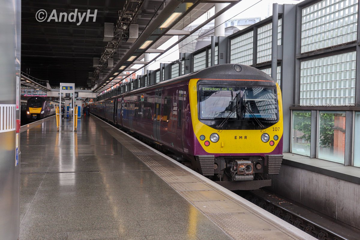 holtona72's tweet photo. #ThreeSixtyThursday from the other end of the line from my usual #Class360 pics. #EMR 360107 (with 360102 as an 8car) after arrival into London St.Pancras on Bank Holiday Monday with 1H28, the 12.03 #Connect service from Corby, my ride to catch & overtake the peak. #MML 26/5/25 https://t.co/T1n1eT6uto