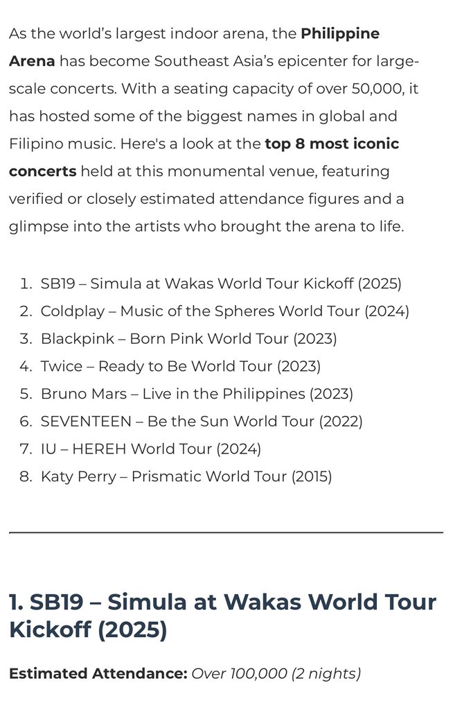 Serbis Kru (@serbiskru) on Twitter photo The Philippine Arena has hosted the world’s biggest acts. <a href="/SB19Official/">SB19 Official</a> is the only Filipino P-POP group featured on its most iconic concert list. 👑🎤 #SB19
#SimulaAtWakas
#SaWWorldTourPH The Philippine Arena has hosted the world’s biggest acts. <a href="/SB19Official/">SB19 Official</a> is the only Filipino P-POP group featured on its most iconic concert list. 👑🎤 #SB19
#SimulaAtWakas
#SaWWorldTourPH