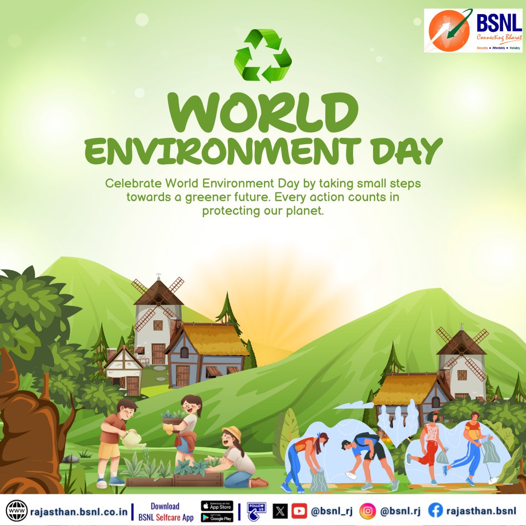 Celebrate World Environment Day by taking small steps towards a greener future. Every action counts in protecting our planet.
#WorldEnvironmentDay #BSNL #Rajasthan