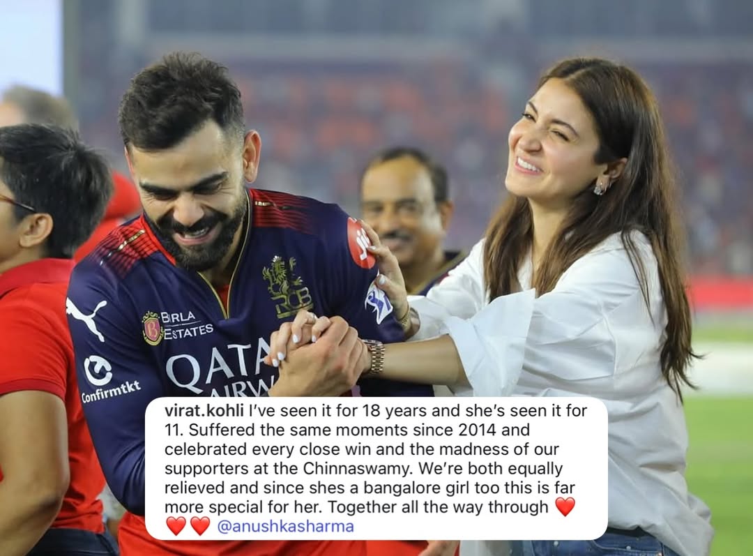 #ViratKohli shares love and gratitude for wife and ‘Bangalore girl’ #AnushkaSharma via a beautiful post as #RCB lifts the #IPL trophy after 18 years long wait!