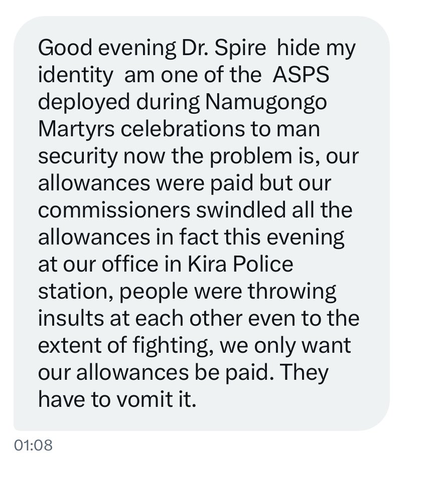 SpireJim's tweet photo. Seeing how police and UPDF officers laboured to provide security at Namugongo, it would be very unfortunate if this is true! 

Dear friends in uniform, if you see anyone fighting corruption, they’re fighting for you too. There is nothing corruption won’t affect in this country, and no one is safe from its effects.
