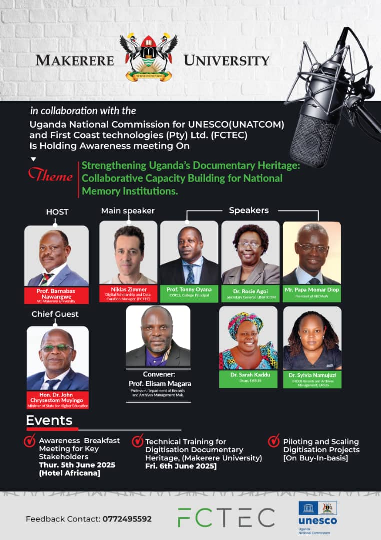 The breakfast meeting on Strengthening Uganda's Documentary Heritage Collaborative Capacity Building for National Memory Institutions organised by <a href="/Makerere/">Makerere University</a> University in Collaboration with <a href="/UNESCOUganda/">UNATCOM</a> and FCTEC is on this morning.

Venue: Hotel Africana, Kagera Hall.

Join us!