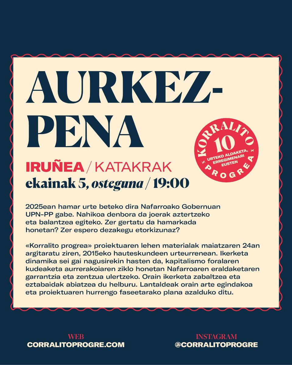 No diga cambio, diga corralito.

No diga progreso, diga más de lo mismo.

Esta tarde presentamos en <a href="/katakrak54/">katakrak liburuak</a> Corralito Progre, una investigación sobre 10 años de márquetin de izquierdas para políticas conservadoras en Navarra.