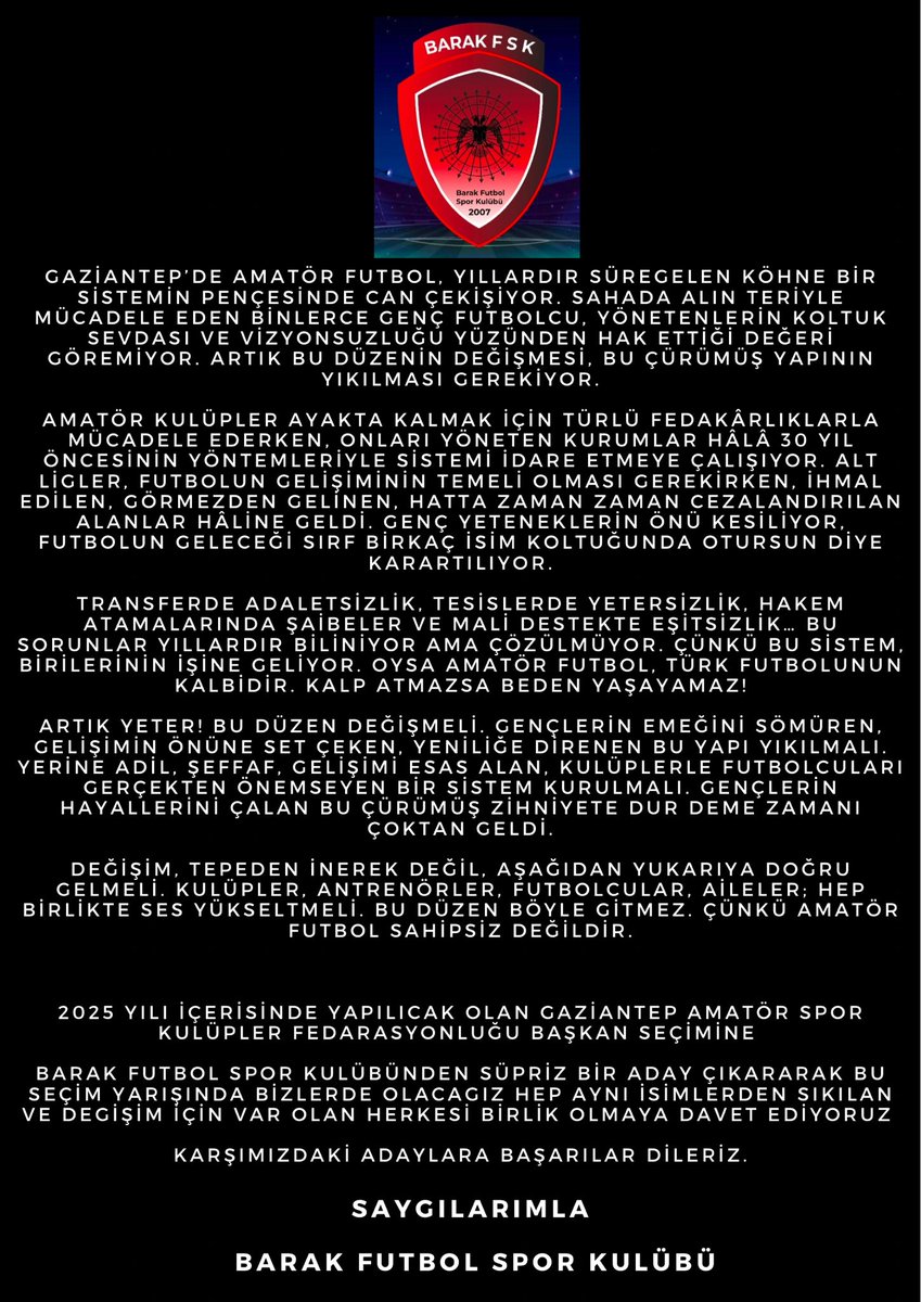 Gaziantep Amatör Spor Kulüpleri Fedarasyonu başkanlık seçiminde barak spor ailesi olarak bizde varız . degişim için var olan herkesi birlik olmaya davet ediyoruz <a href="/FatmaSahin/">Fatma Şahin</a> <a href="/TFF_Org/">TFF</a> <a href="/GaziantepAskf/">Gaziantep Askf</a> <a href="/GundemiAntep27/">Antep Gündemi</a> <a href="/AliSahin501/">Ali ŞAHİN</a> <a href="/BBozgeyik_27/">Bünyamin Bozgeyik</a> <a href="/kemalcebervali/">Kemal Çeber</a> <a href="/halilugur1971/">Halil UĞUR</a>