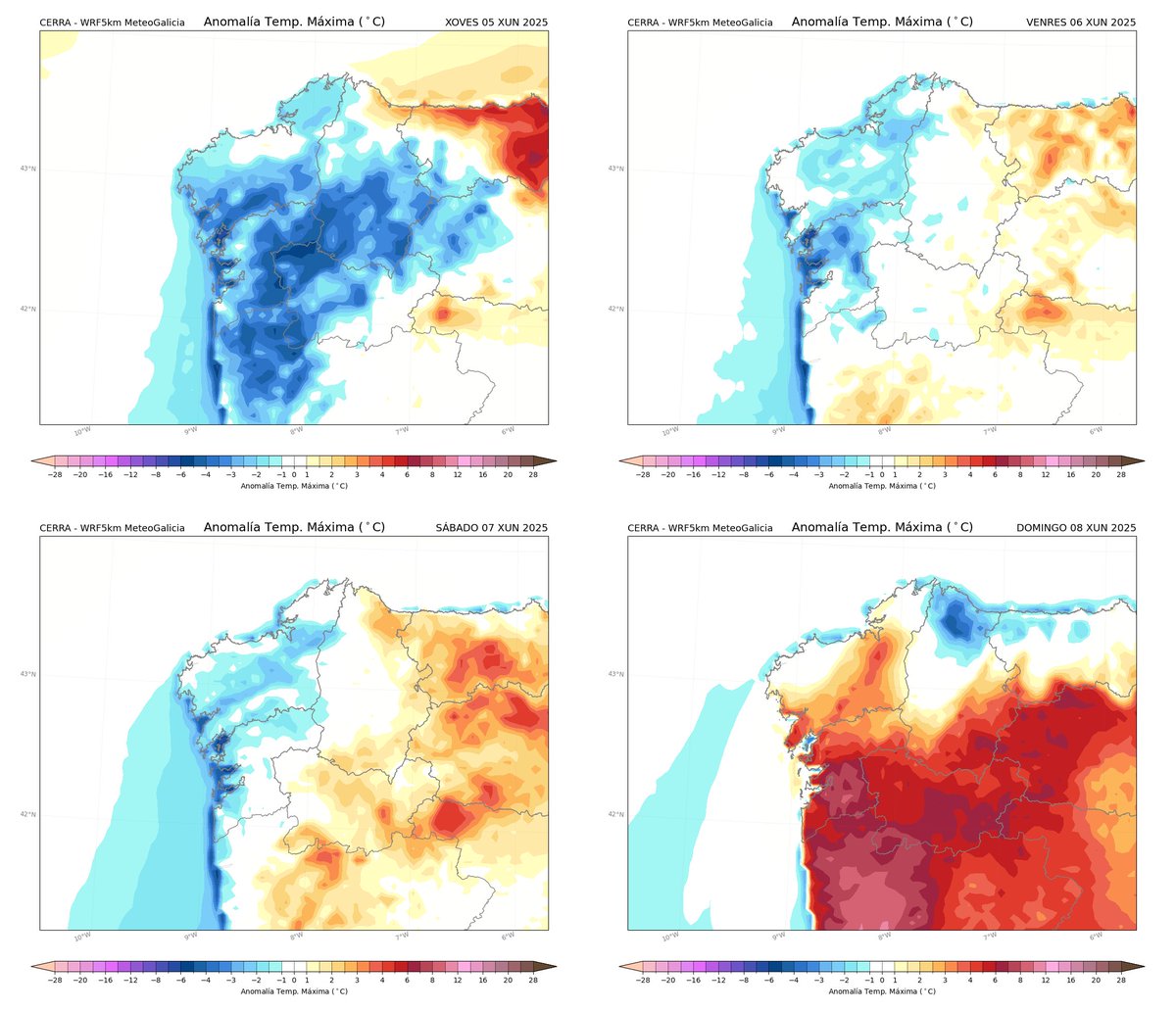 Hoxe os ventos do oeste achegan moita humidade deixando☁️e chuvias febles na franxa atlántica. As temperaturas sen cambios, con valores baixos para a época do ano.

Será a partir do domingo cando a entrada dunha masa de aire cálido traerá temperaturas elevadas a #Galicia 👇
