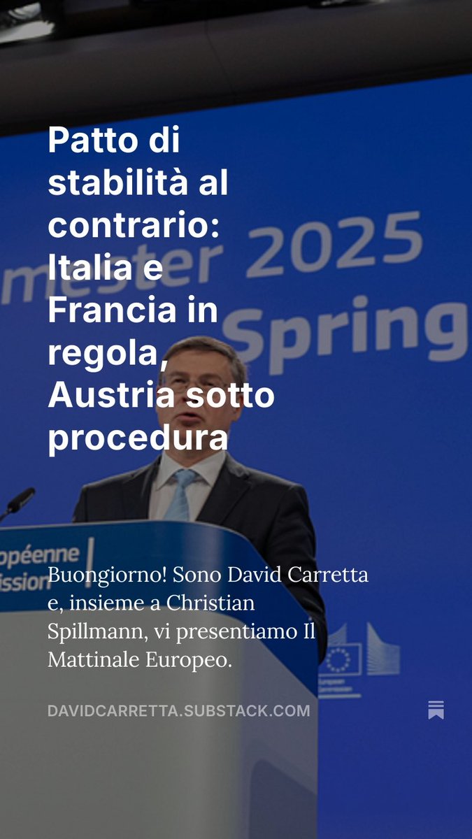 David Carretta (@davcarretta) on Twitter photo Il Mattinale Europeo è online.
L’analisi del giorno: “Patto di stabilità al contrario: Italia e Francia in regola, Austria sotto procedura”.
Con <a href="/CSpillmann/">Christian Spillmann</a> 👇
davidcarretta.substack.com/p/patto-di-sta… Il Mattinale Europeo è online.
L’analisi del giorno: “Patto di stabilità al contrario: Italia e Francia in regola, Austria sotto procedura”.
Con <a href="/CSpillmann/">Christian Spillmann</a> 👇
davidcarretta.substack.com/p/patto-di-sta…