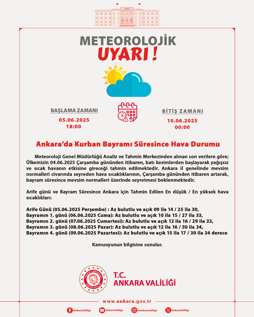 Ankara Bölge Tahmin ve Erken Uyarı Merkezi verilerine göre;

Ankara'da Kurban Bayramı Süresince Hava Durumu❗️