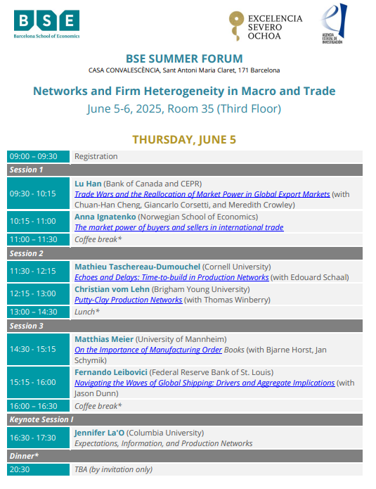 🚢Looking forward to the <a href="/bse_barcelona/">Barcelona School of Economics</a>'s Summer Forum "Networks and Firm Heterogeneity in Macro and Trade" workshop starting today