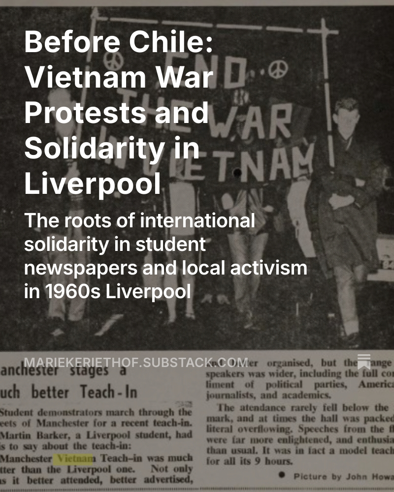 mariekeriethof's tweet image. My latest blog post - "Before Chile: Vietnam War Protests and Solidarity in Liverpool" - in which I investigate the roots of local solidarity
Plot reveal: the rivalry with Manchester also matters in international solidarity!
open.substack.com/pub/mariekerie…