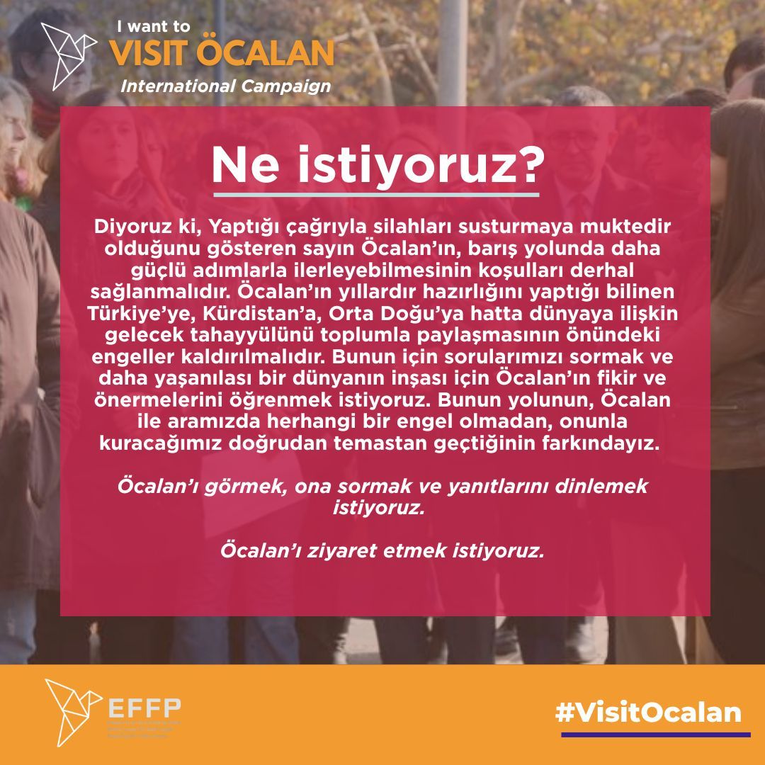 Kampanya hakkında detaylı bilgileri internet sitemizden öğrenebilirsin. 
#VisitOcalan #effp #Ocalan 🔗forumforpeace.eu/visitocalan/