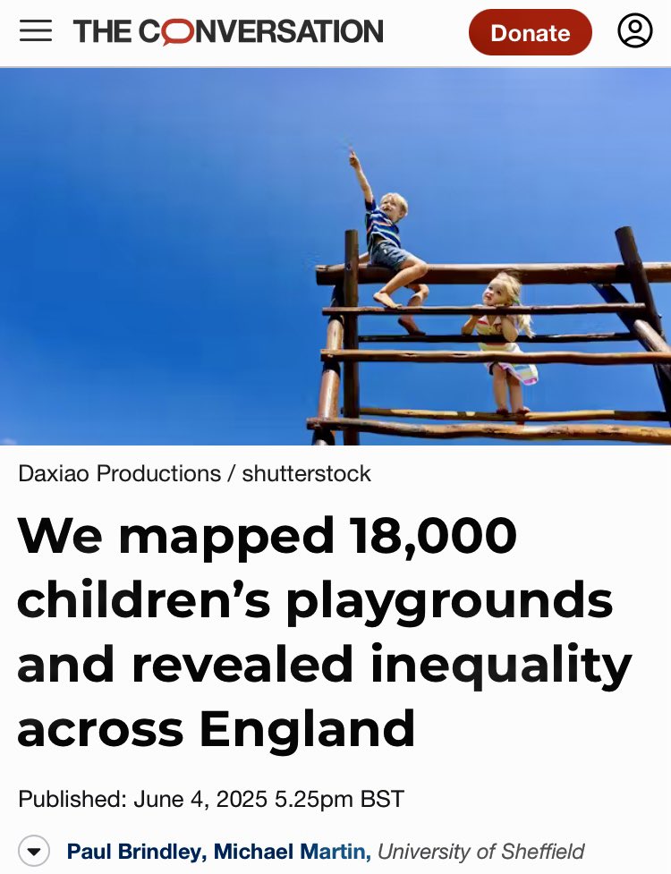 Michael Martin (@drmicmartin) on Twitter photo Our article in <a href="/ConversationUK/">The Conversation</a> reveals substantial #play inequalities across #England
<a href="/DrPaulBrindley/">Paul Brindley</a> & I looked at England’s largest settlements & mapped patterns from +18,000 #playgrounds within them
Serious #socialjustice issues for #children exist!!
theconversation.com/we-mapped-18-0… Our article in <a href="/ConversationUK/">The Conversation</a> reveals substantial #play inequalities across #England
<a href="/DrPaulBrindley/">Paul Brindley</a> & I looked at England’s largest settlements & mapped patterns from +18,000 #playgrounds within them
Serious #socialjustice issues for #children exist!!
theconversation.com/we-mapped-18-0…