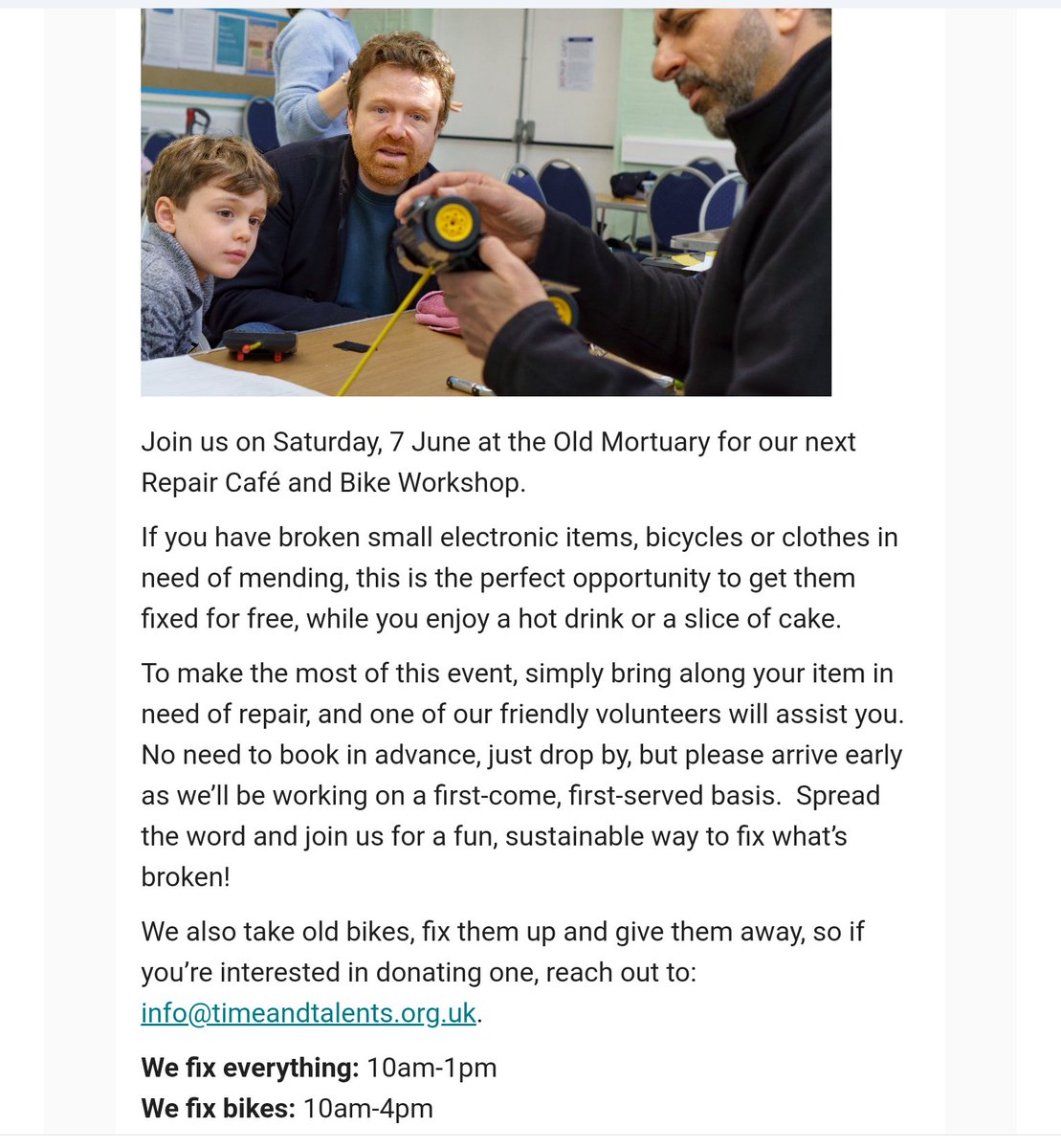 Rotherhithe Connections - People & Place (@irotherhithe) on Twitter photo Saturday 7 June <a href="/Time_Talents/">Time & Talents</a>
Repair Cafe 10-1 and Bike Workshop 10-4
The Old Mortuary #rotherhithe #SE16 4JE Saturday 7 June <a href="/Time_Talents/">Time & Talents</a>
Repair Cafe 10-1 and Bike Workshop 10-4
The Old Mortuary #rotherhithe #SE16 4JE